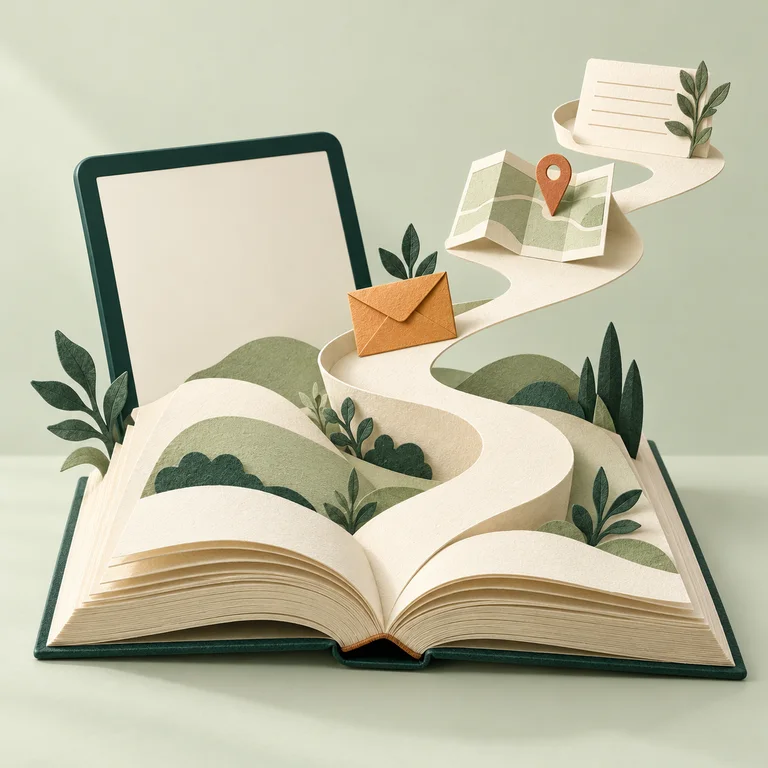 Paper sculpture of an open book becoming a path to a letter, a map and a recipe card.